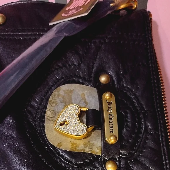 JUICY COUTURE Black Leather LG Pave Crystal Locket Wallet Wristlet NWT - Picture 8 of 10